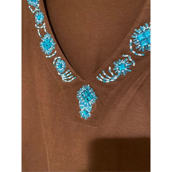 Country tease women’s brown Beaded Sequin, V-neck T-shirt s/XL - Picture 3 of 4